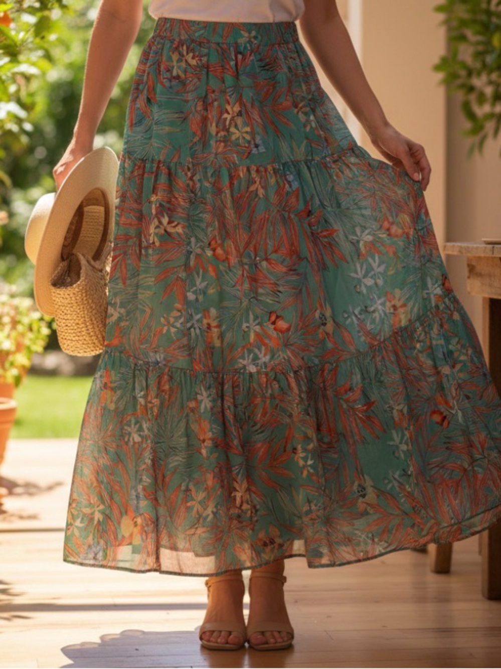NWT Floerns Tiered Maxi Skirt in Teal Green Tropical Print
